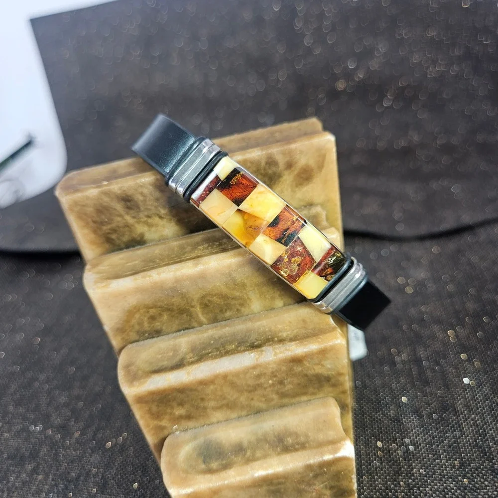 Ewa Plachta Baltic Amber Stainless Steel Leather Checkerboard Bracelet Unisex‎